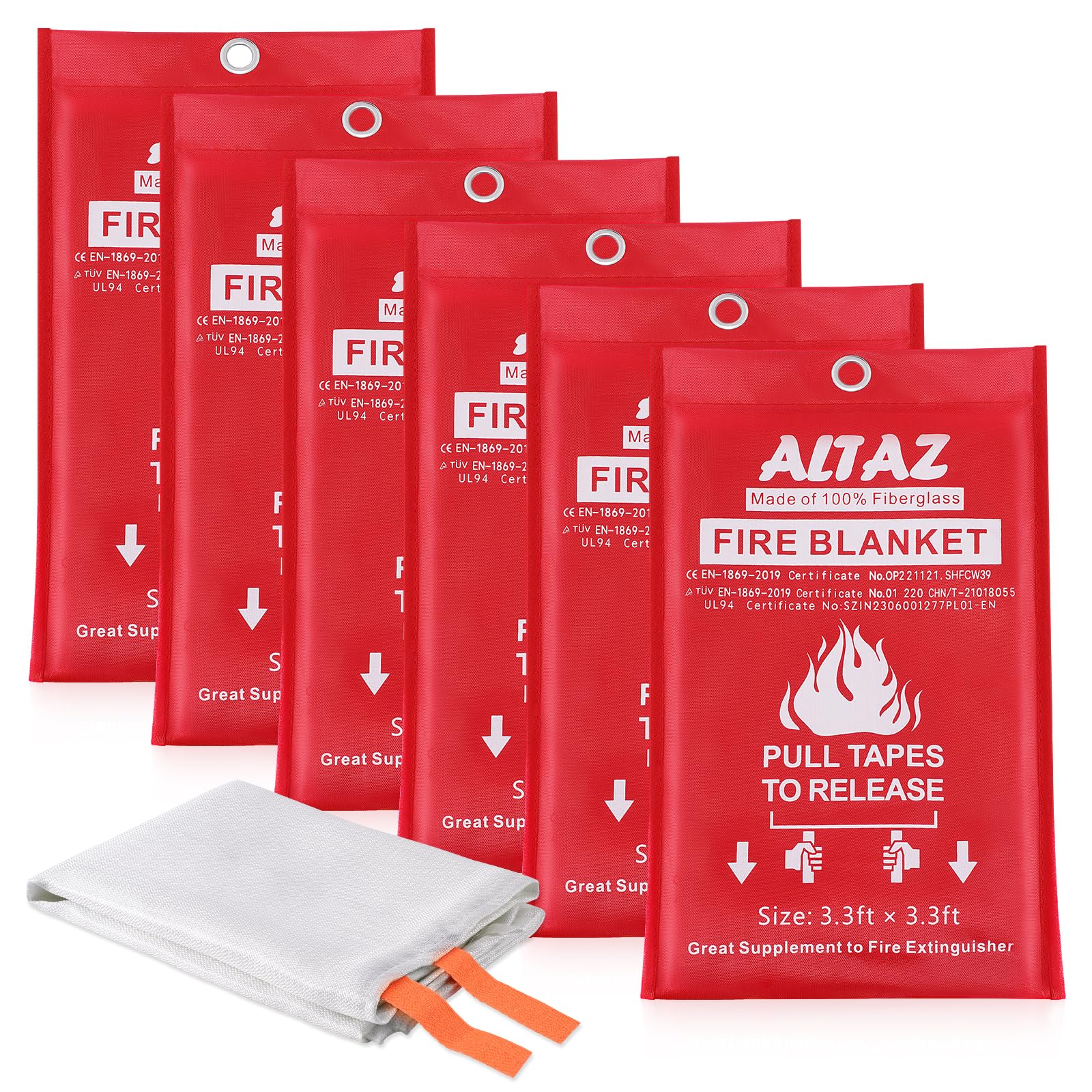 Altaz Fire Blanket Emergency for Home Kitchen - 39.4"x39.4" Flame Suppression Fiberglass Fire Extinguisher for Camping, Grill, Car, Office, Warehouse, Fireplace, Survival, Safety (6 Pack)…