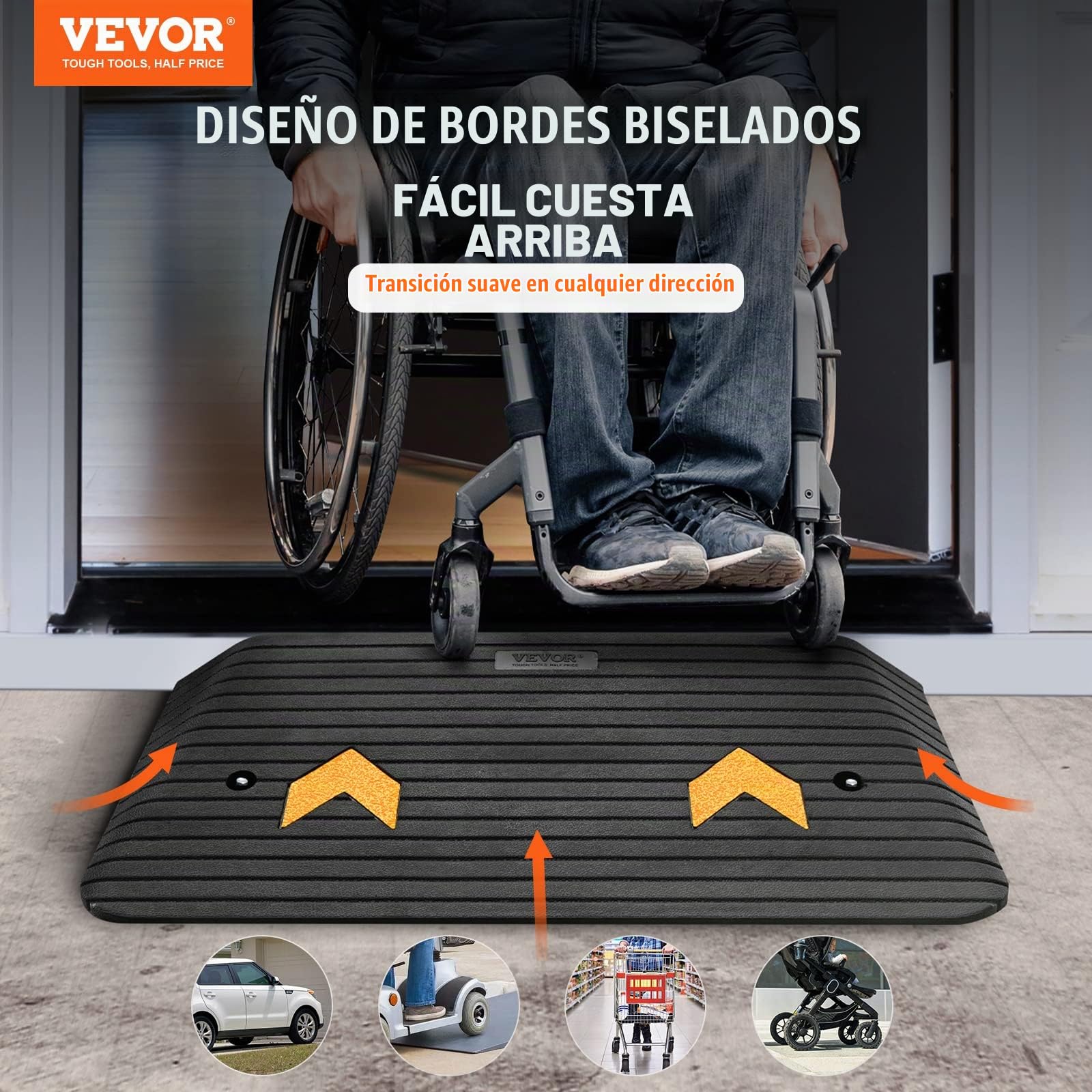 VEVOR Rampa de Goma para Silla de Ruedas Elevación de 7,6 cm Puente de Bordillo de 1 Canal Carga de 15 Toneladas Superficie Texturizada Antideslizante Rampa de Goma para Bordillos 90,2x45,7x7,6 cm