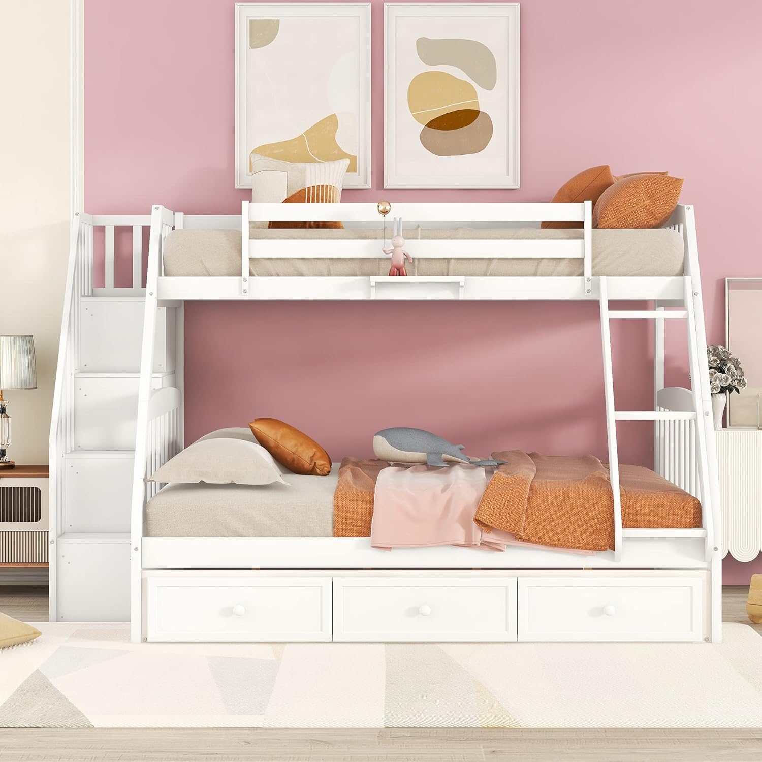 MeraxTwin Over Full Bunk Bed with Drawers，Ladder and Storage Staircase, White Wood Bed Frame, No Box Spring Need