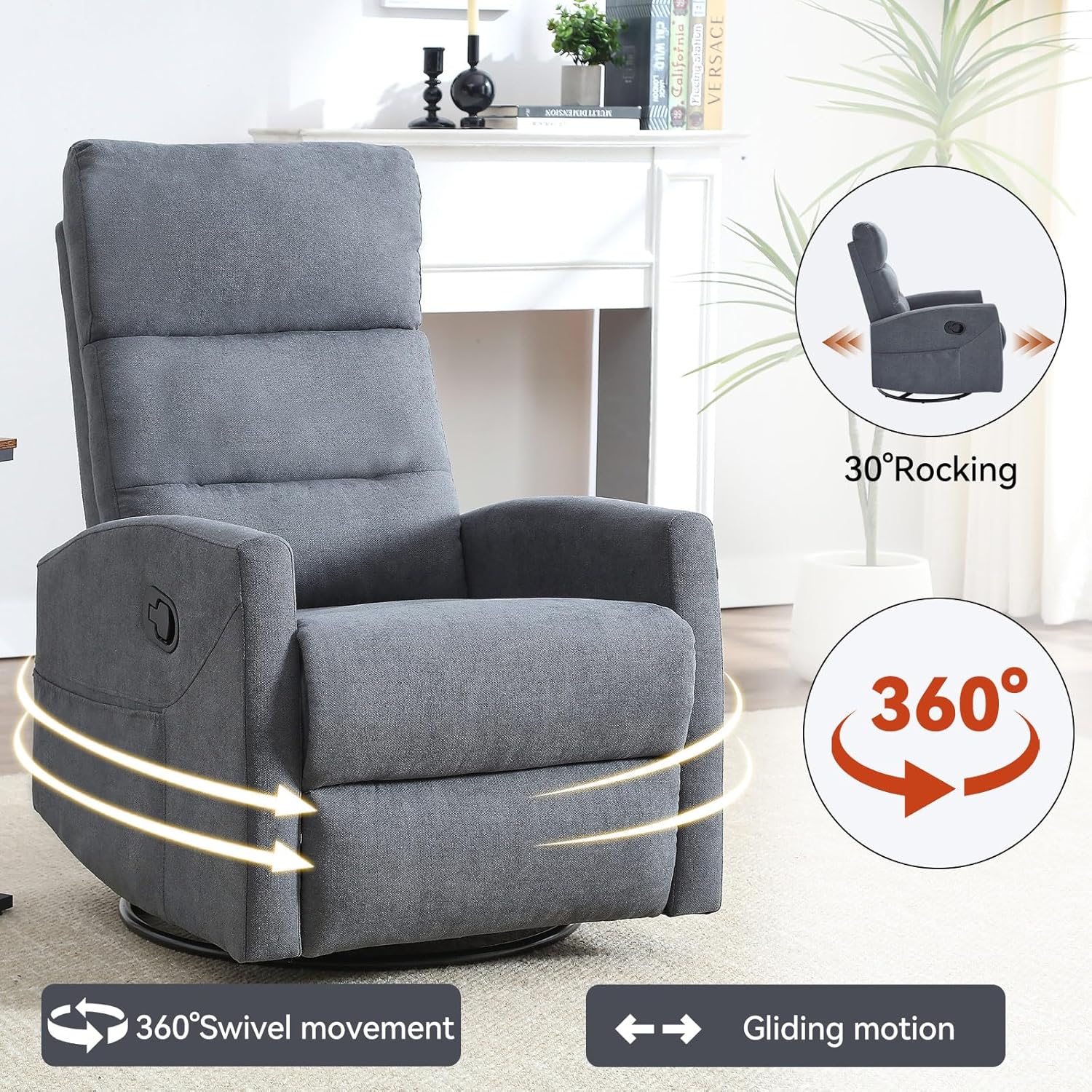 Manual 360° Swivel Rocker Recliner, Ergonomic Small Space/RV Chair for Apartment, 300lb Capacity (Polyester, Grey)