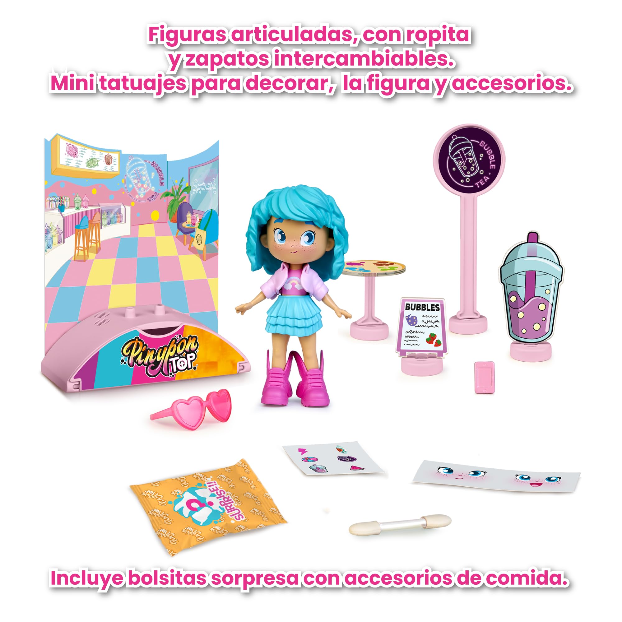 Pinypon TOP Bubble Tea Girl, Chica TOP con Temática Té de Burbujas, Figura Articulada de Brazos y Piernas, Doble Cara y Ropa y Zapatos Intercambiables, Sobre con Accesorios, +4 años, Famosa (PNN01300)