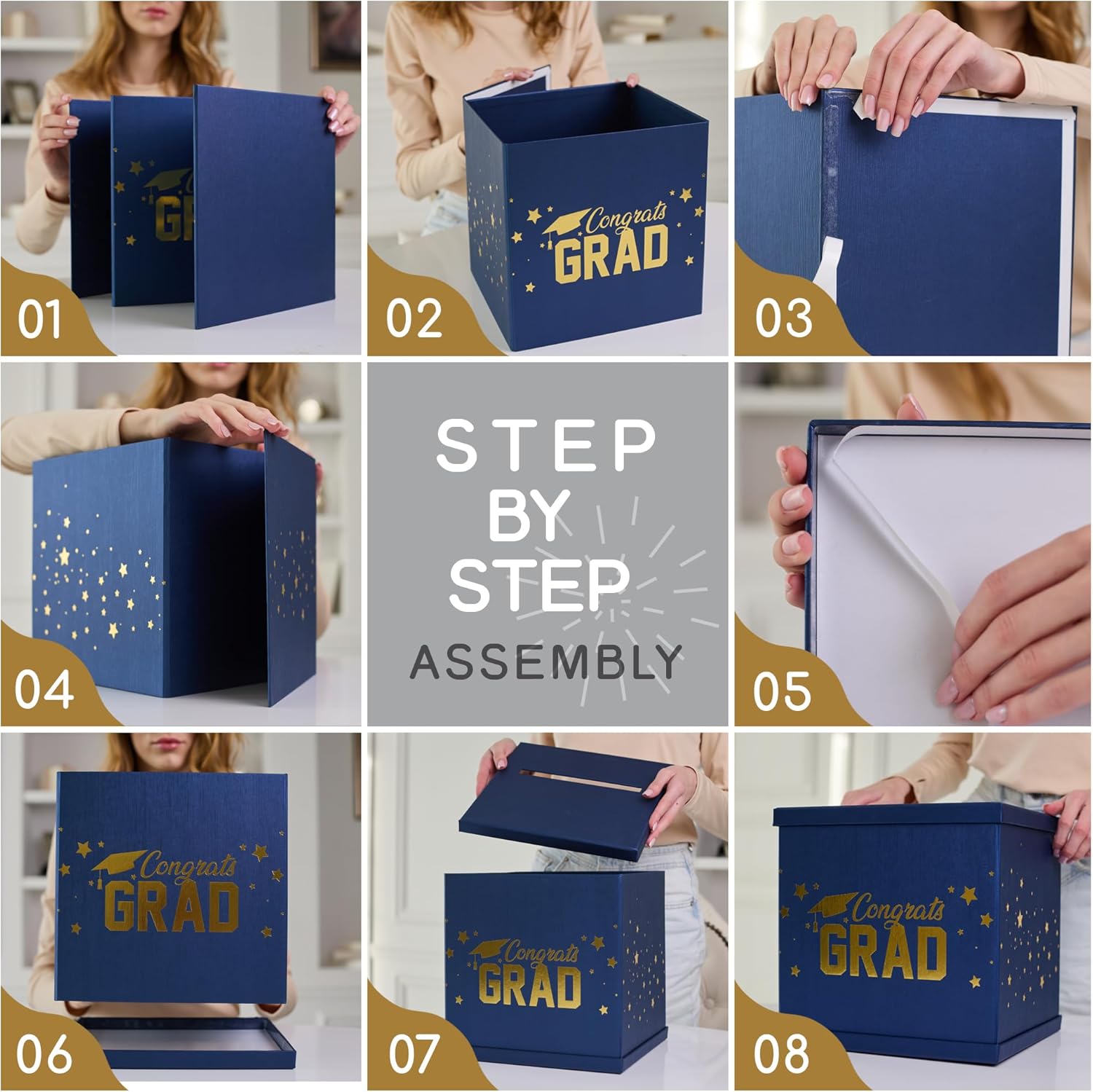 Blue & Gold Graduation Card Box, Large 10x10 Navy Blue Congrats Grad Gift Card Box Holder, Grad Party Favors, Envelope Money Basket, College Graduation Decorations 2026, Party Decor, Table Centerpiece