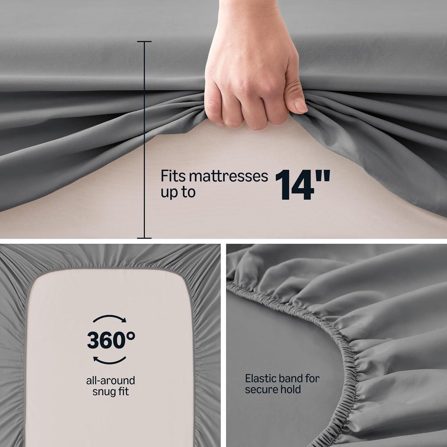 Amazon Basics Soft Fitted Sheet, Lightweight Bottom Sheet, 14-Inch Deep Pocket, Durable and Long Lasting, Easy Care, King, Dark Gray, Pack of 2