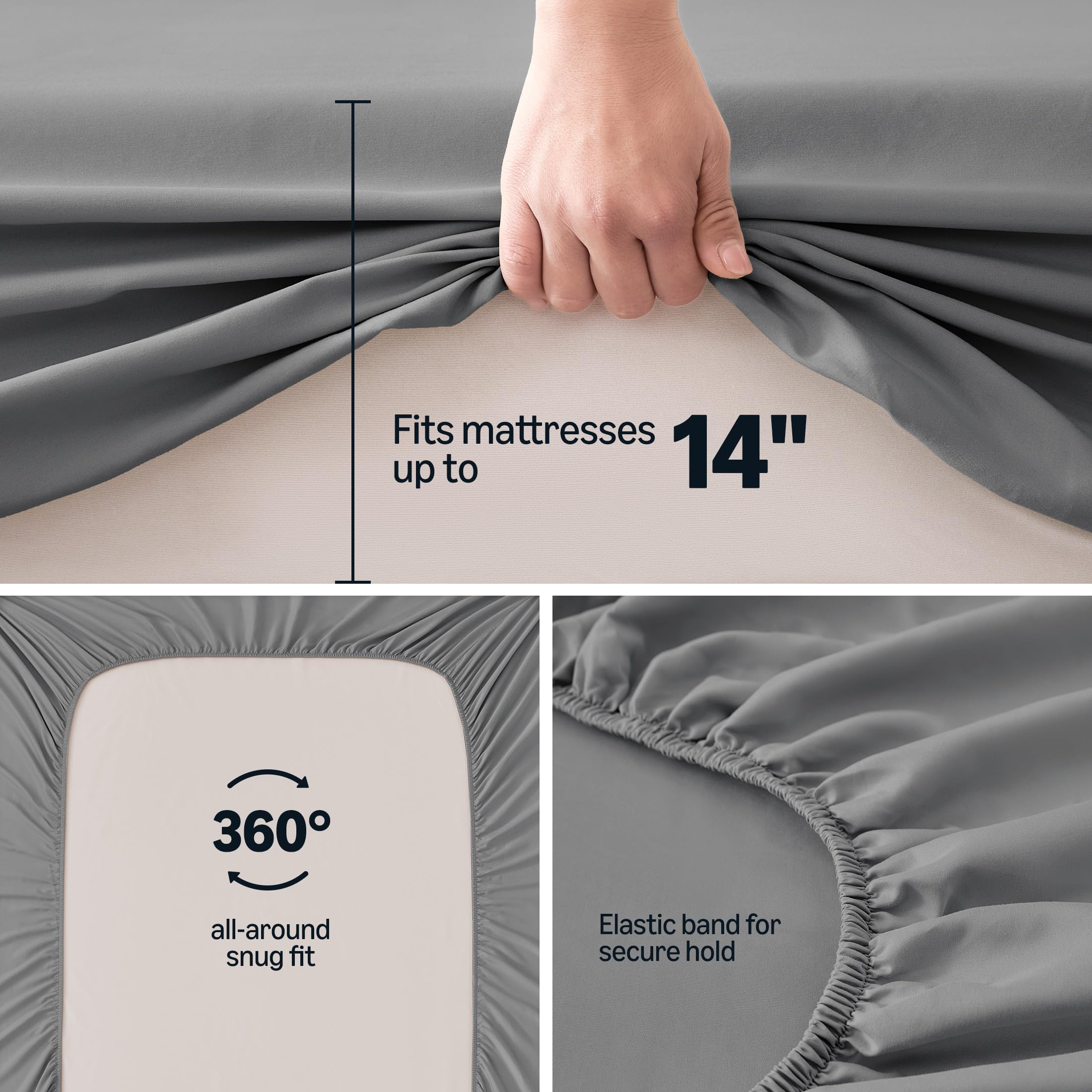 Amazon Basics Soft Fitted Sheet, Lightweight Bottom Sheet, 14-Inch Deep Pocket, Durable and Long Lasting, Easy Care, Queen, Dark Gray, Pack of 1 - 4