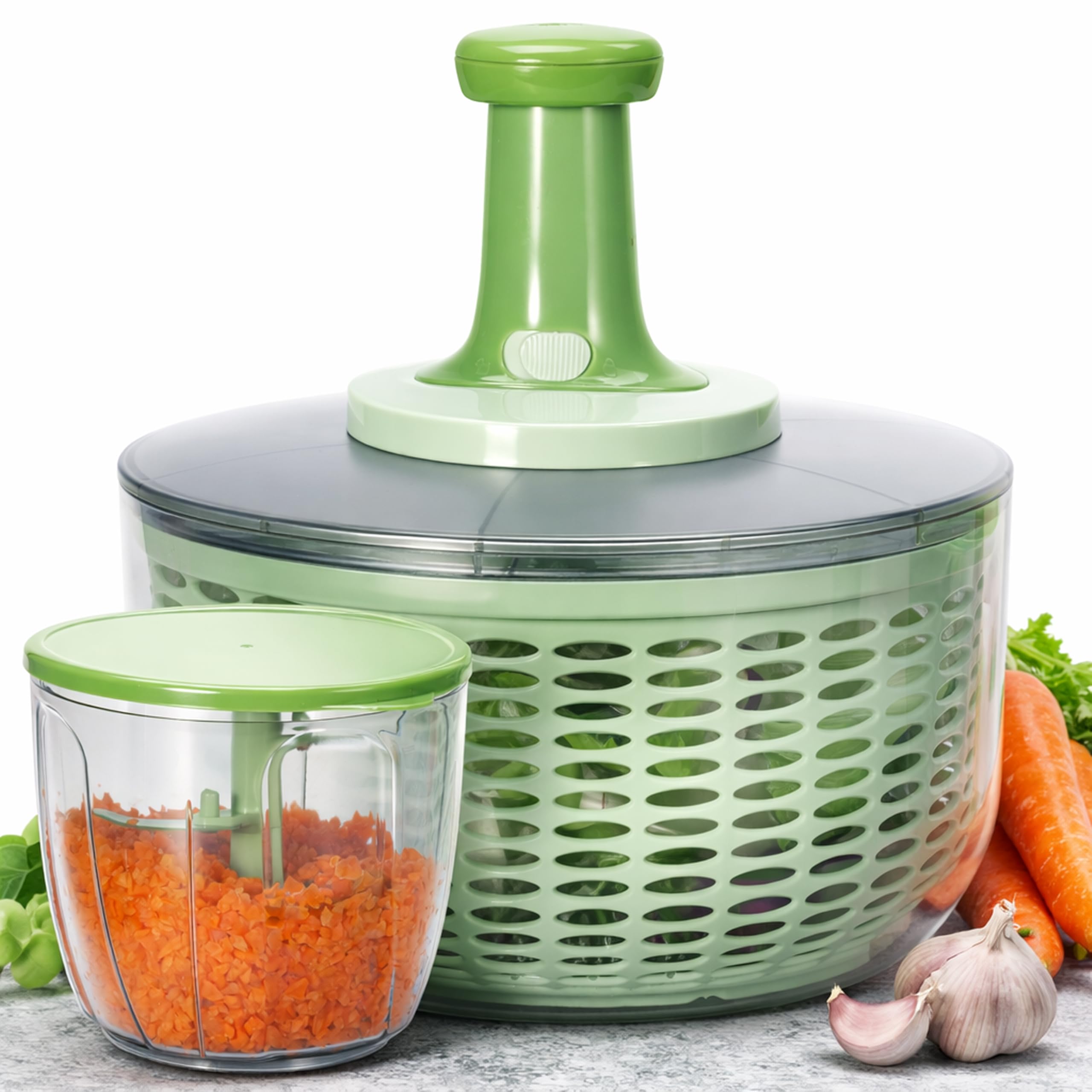 Salad Spinner and Chopper: Large 6.3-Quart Lettuce Greens Vegetable Washer Dryer, with Bonus 0.95-Quart Veggie Chopper Mixer, Compact Storage, Easy Push Operation for Quick Veggie Prepping