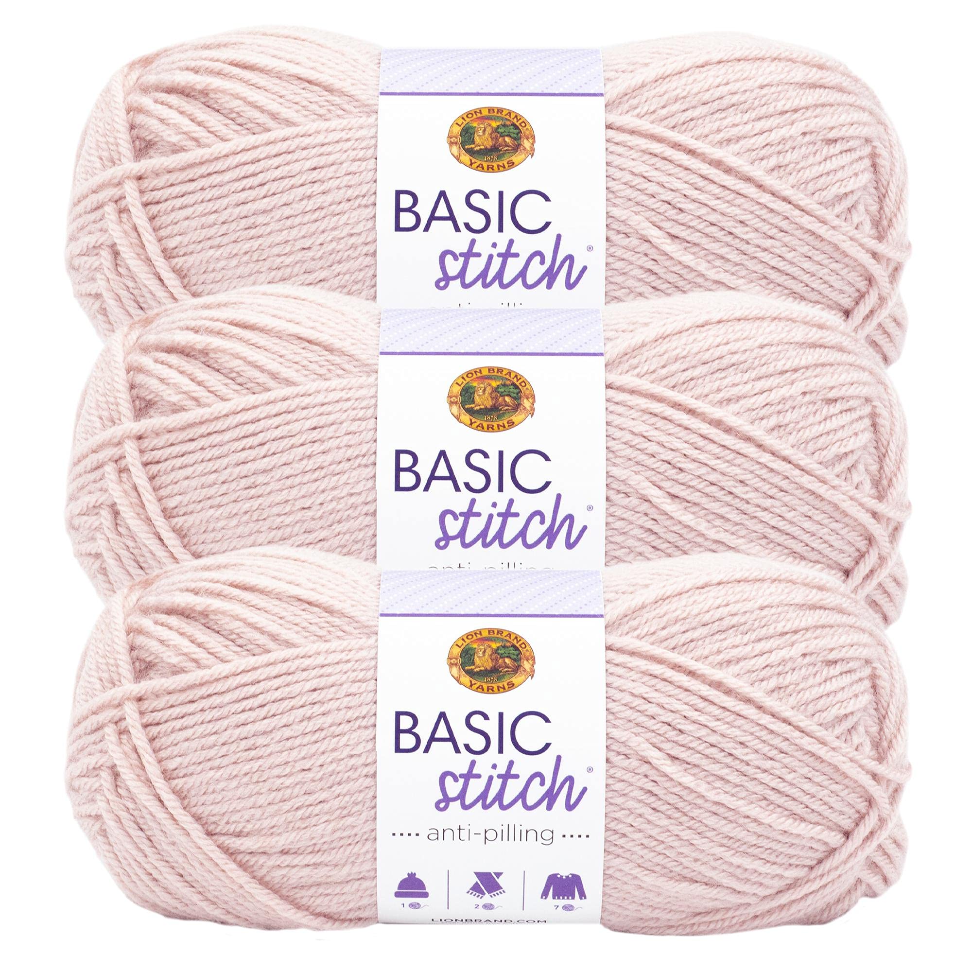 Lion Brand Yarn Basic Stitch Lot de 3 pelotes de fil à tricoter anti-boulochage pour crochet, blush chiné