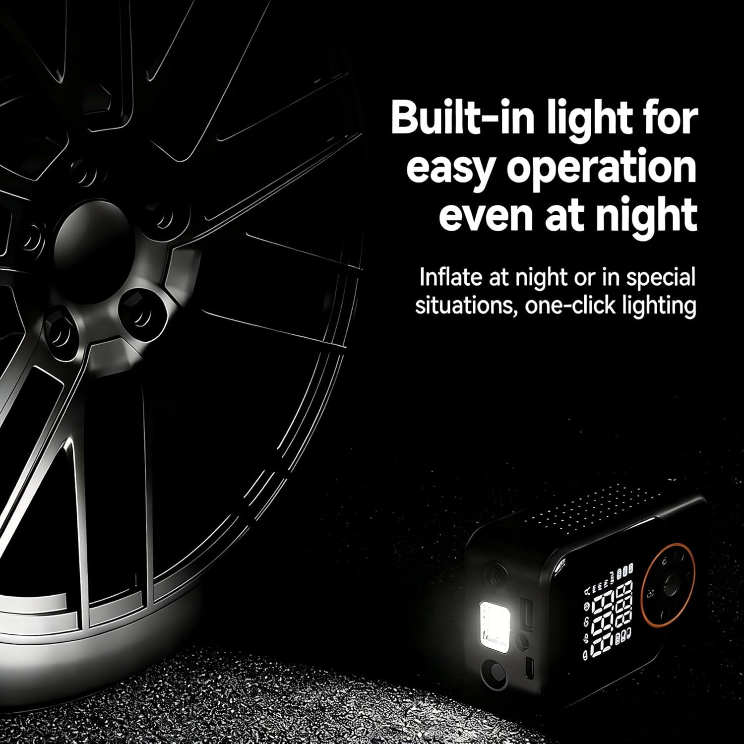 The tire inflator operating in a dark environment with its LED light illuminated.