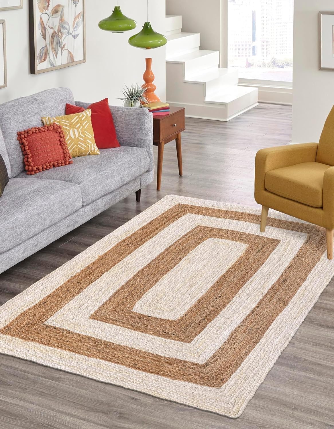 Handmade Braided Natural Jute with White Box Design Area Rug, Home Décor Rug, Jute Rug for Bedroom, Dining Room, Living Room, Doormat Rug Size - 2' x 8' (60 cm x 240 cm) — image 1