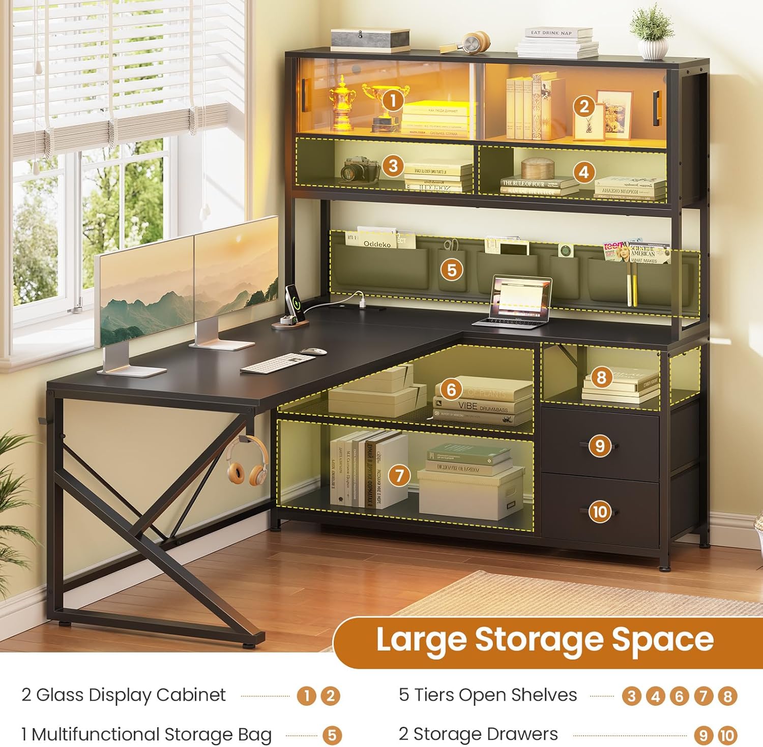 L-shaped desk showcasing various storage options including glass cabinets, open shelves, drawers, and a storage bag