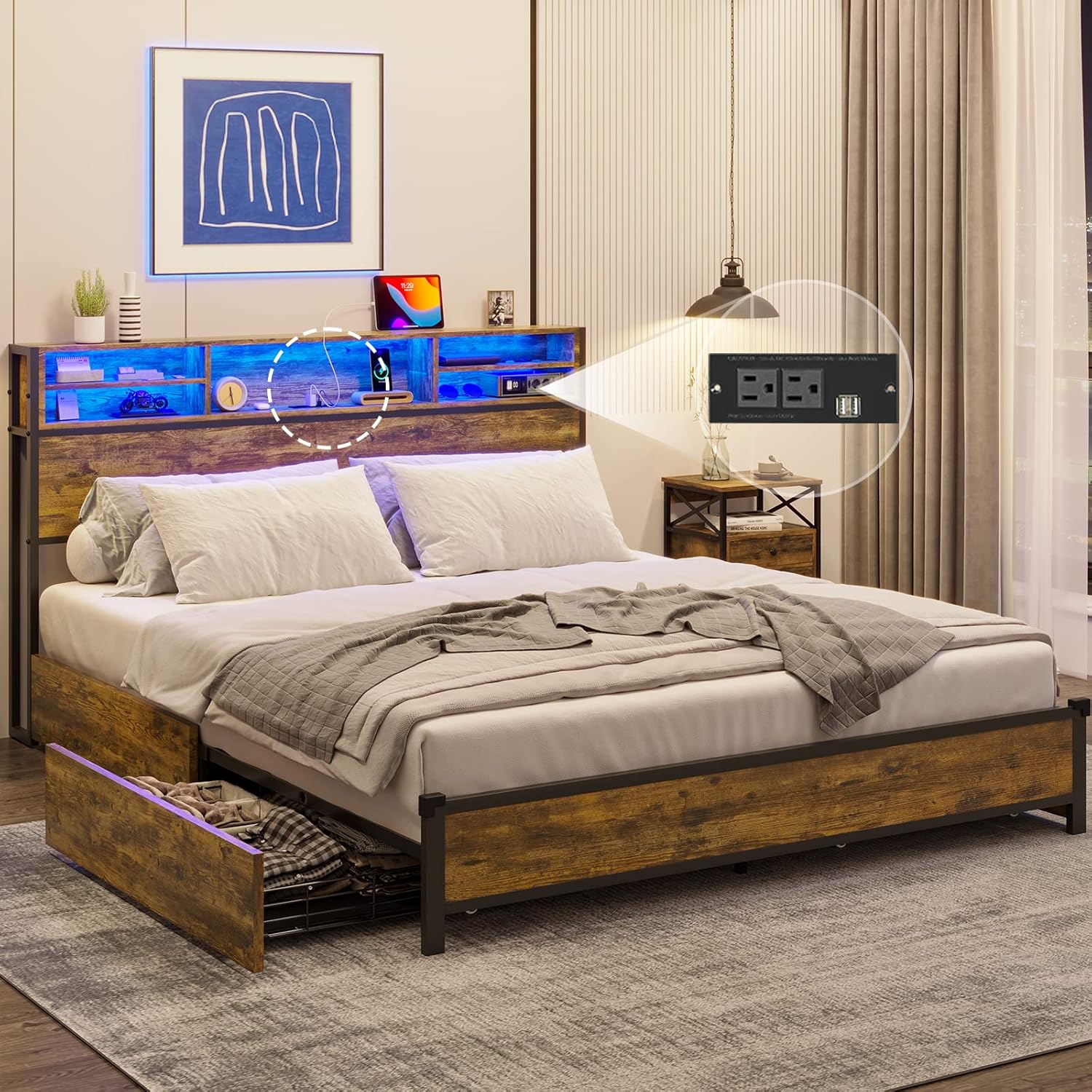 BTHFST LED Queen Bed Frame with Storage Headboard, USB