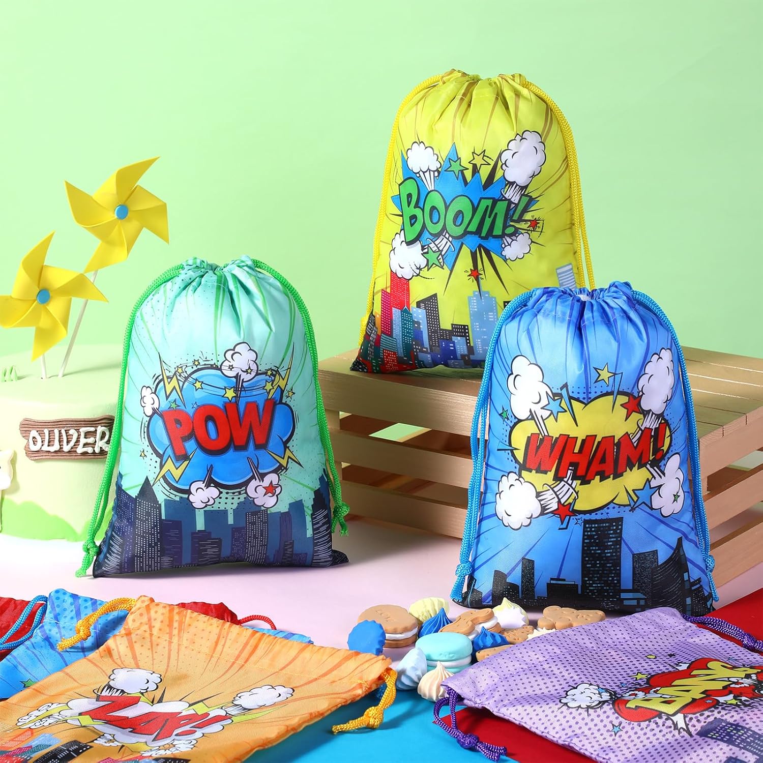 Honoson 16 Pieces Hero Party Gift Bags 7.09 x 9.84 Inches Colorful Hero Goodie Candy Treat Bags Boom Splash Comic Drawstring Pouchs for Classroom Reward Prize Birthday Baby Shower Party Supplies - Image 4
