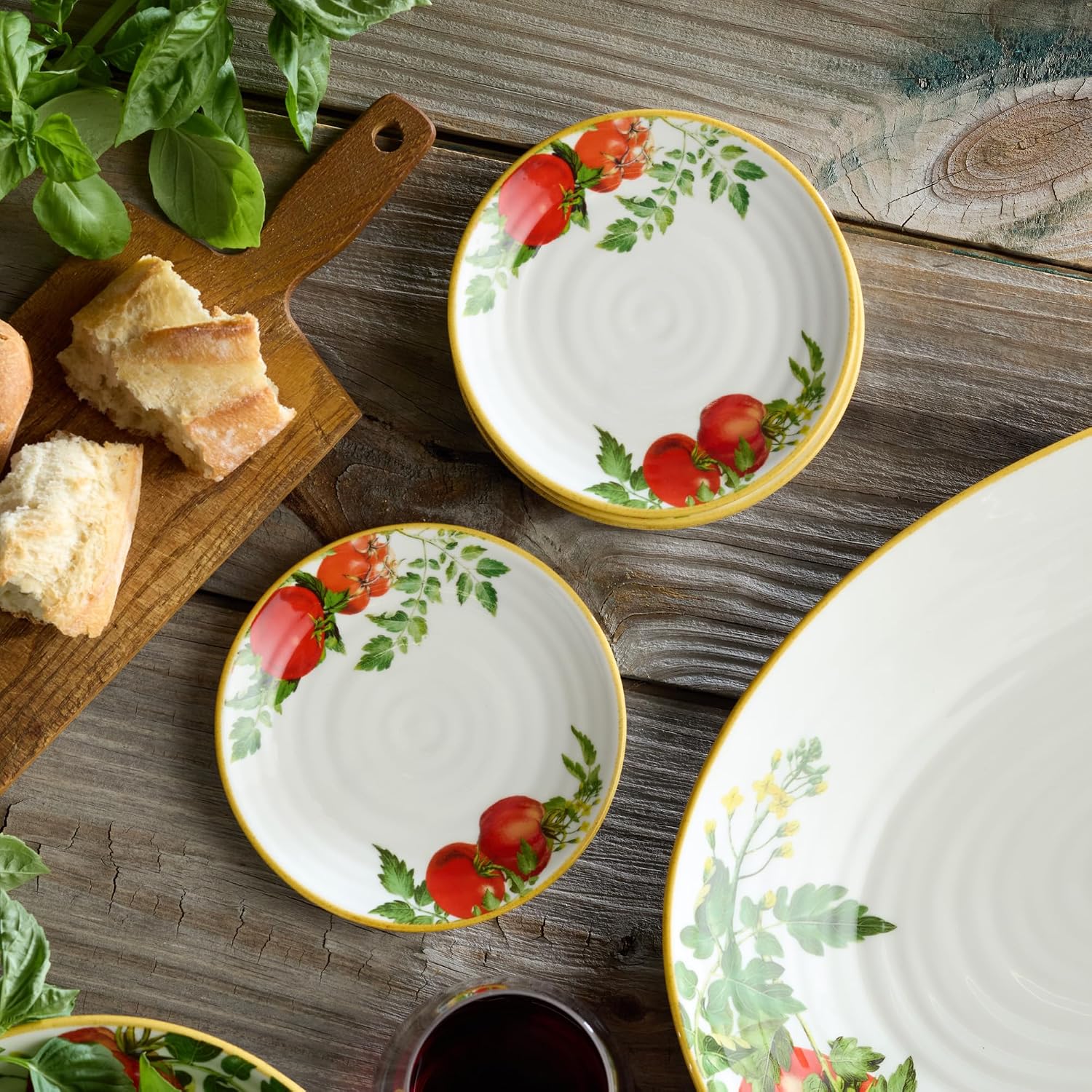 Pomodoro Canape Plates Set of 4 – 6” Stoneware Plates with authentic Tomato Design – Farmhouse Charm for Appetizers, Tapas, Snacks & Entertaining – Rustic Italian Kitchen Style