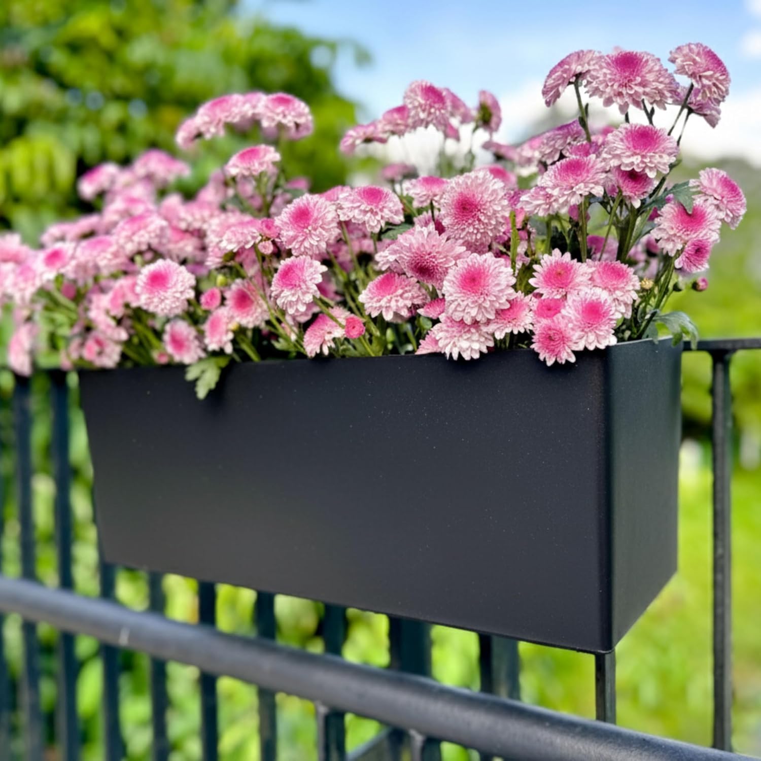 LaLaGreen Railing Planter Box (20 Inch, 4 Pack) Black Rectangular Window Flower Boxes with Bracket, Self Watering System Hanging Planter Box for Outdoor Plant Pots Container Deck Rail Fence Balcony