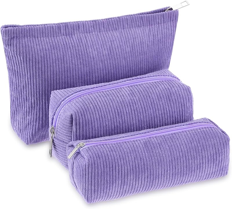 Necessaires Huhumy de Veludo Cotelê Roxo com Zíper, Conjunto com 3