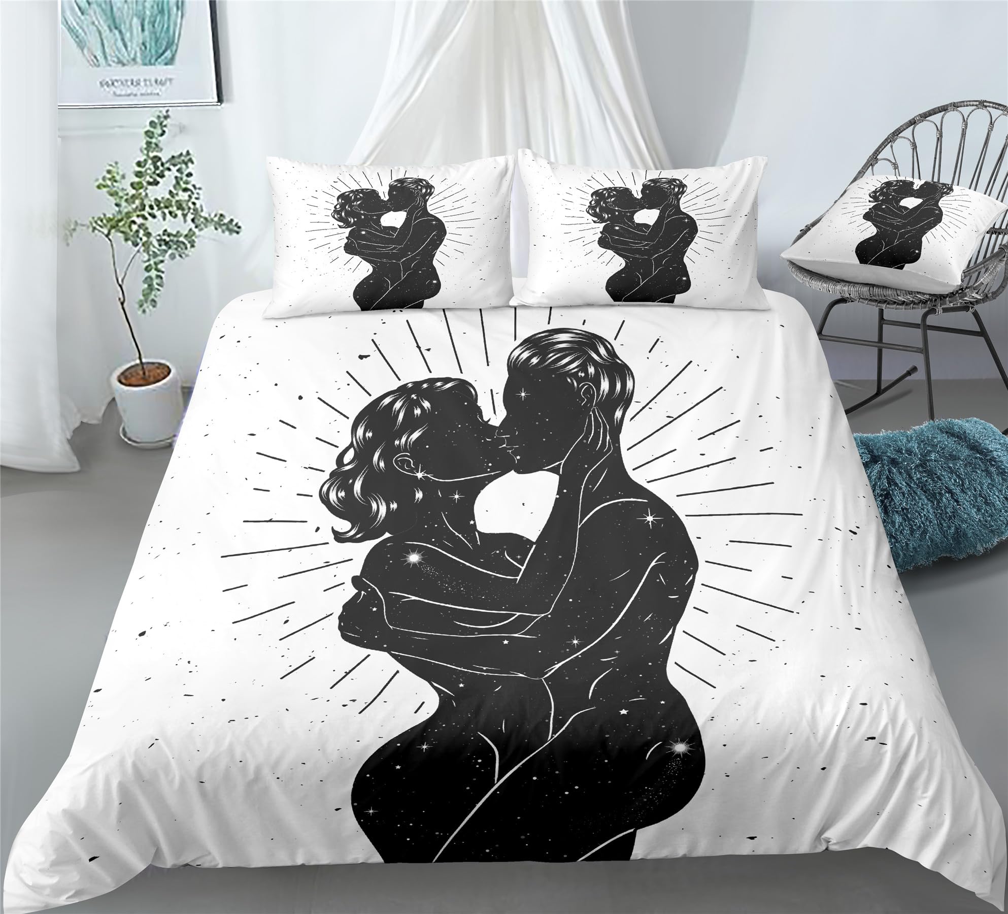 REALIN Bettbezüge Set Süßes Pärchen Liebe Bettwäschedie Liebe Paar Leidenschaft Bett Sets 2/3/4Teilig Bettbezüge/Kissenbezüge/Bettlaken Für Kinder,Jungen,Mädchen (C,Single-140x210cm-3PCS)