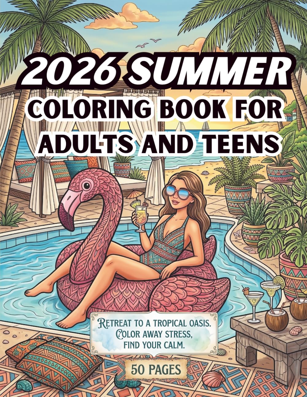 2026 Summer Beach Coloring Book for Adults and Teens: 50 Relaxing Coastal Scenes, Cozy Beach, Friendships, Summer Nights, Tropical Moments, and Vacation Vibes for Stress Relief