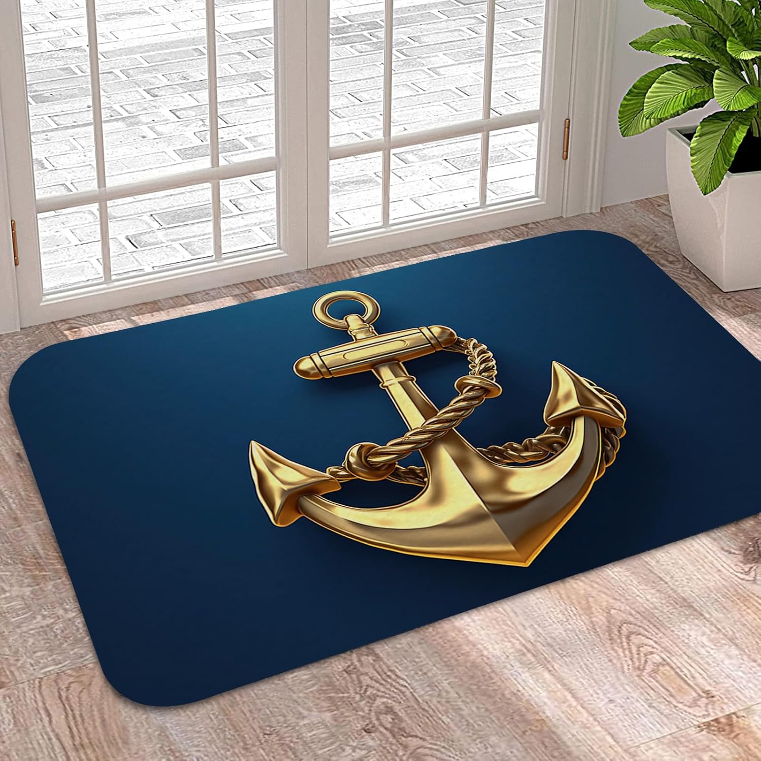 Welcome Doormat,Nautical Gold Gradient Anchor on Navy Blue Absorbent Non Slip Bath Rug,Ocean Navigation Theme Washable Carpet for Kitchen Bathroom Front Door Entryway Decor 24x35In