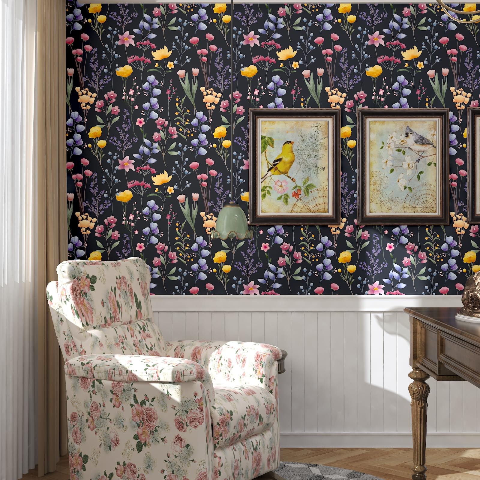 VOLEAAR Floral Peel Stick Wallpaper Vintage Flower Contact Paper Boho Removable Easy to Paste for Countertop Cabinet Kitchen Shelf Liner Backsplash Dark Grey Black Purple 44.5CM x 1000CM - Image 4