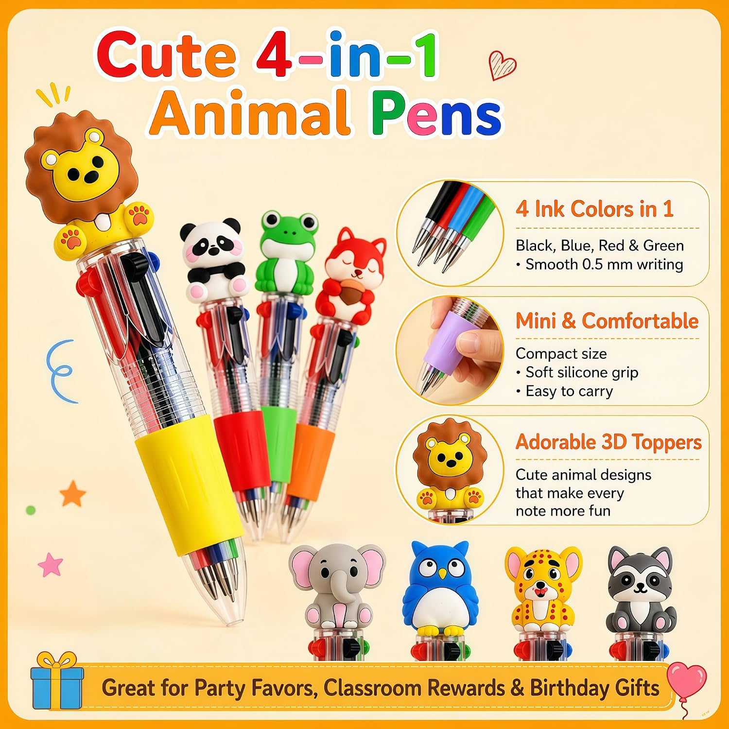 Oneshow 28 Pack Mini Animal Pens, Cute 4-in-1 Multicolor Ballpoint Pens image 4