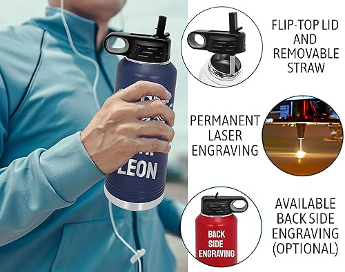 Miniatura 67 de Botellas de agua personalizadas con tapa abatible y pajilla, termo deportivo personalizado de acero inoxidable grabado, monograma personalizado