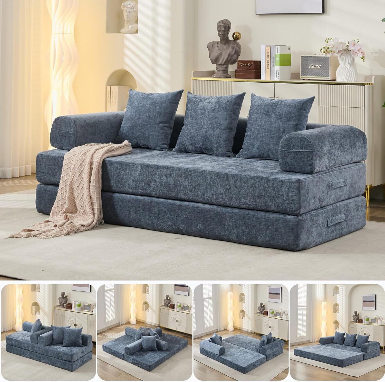 Convertible Folding Sofa Bed Modular Floor Couch, 78.8‘’ Cloud Sleeper Sofa with Removable Backrest, Chenille Foldable Mattress Couch, Lazy Loveseat for Small Space, Apartment, Bedroom, Blue