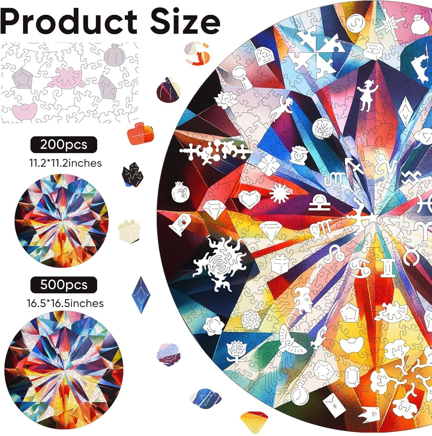 MYS A·U·R Wooden Puzzles for Adults, 5MM Thick Colorful Diamond Jigsaw Puzzles, 200 Pieces Unique Hard Adult Puzzles Gifts for Family Game Nights 11.2 * 11.2Inch