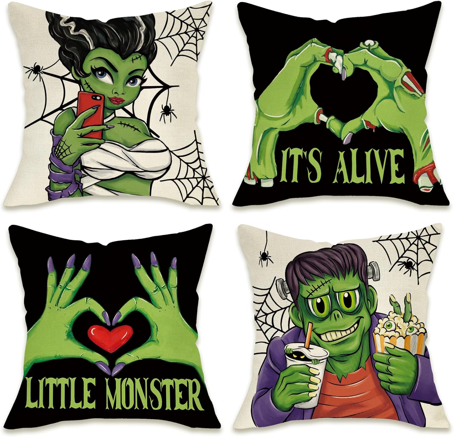 Fahrendom Halloween F.ran-kens tein Decorative Throw Pillow Covers 18 x 18 Set of 4, Little Monster It's Alive Hands Porch Patio Outdoor Pillowcase, Love Heart Spider Web Funny Cushion Case Home Decor 18''×18'' Monster