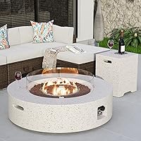 Vista 15 de COSIEST mesa de fogata a propano para exteriores de 35 pulgadas cuadrada de arenisca con protector contra el viento y mesa lateral, certificada