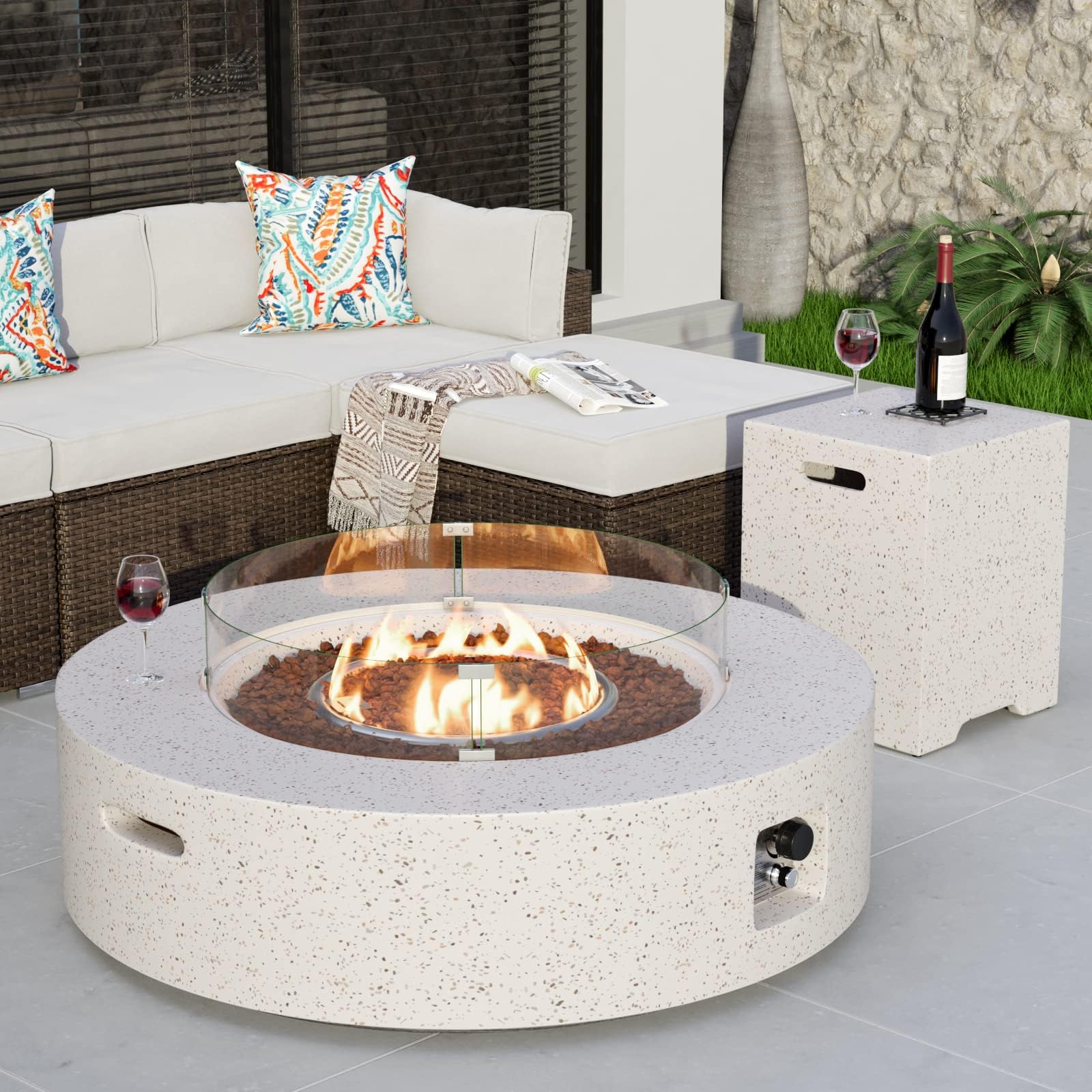 COSIEST 2-Piece Outdoor Propane Firepit Table Set w Tank Table, 42 inch Dark Fire Table Certified, 50,000 BTU w Beige Round Base,Wind Guard and 16 inches Tank Side Table 20lb for Garden,Pool