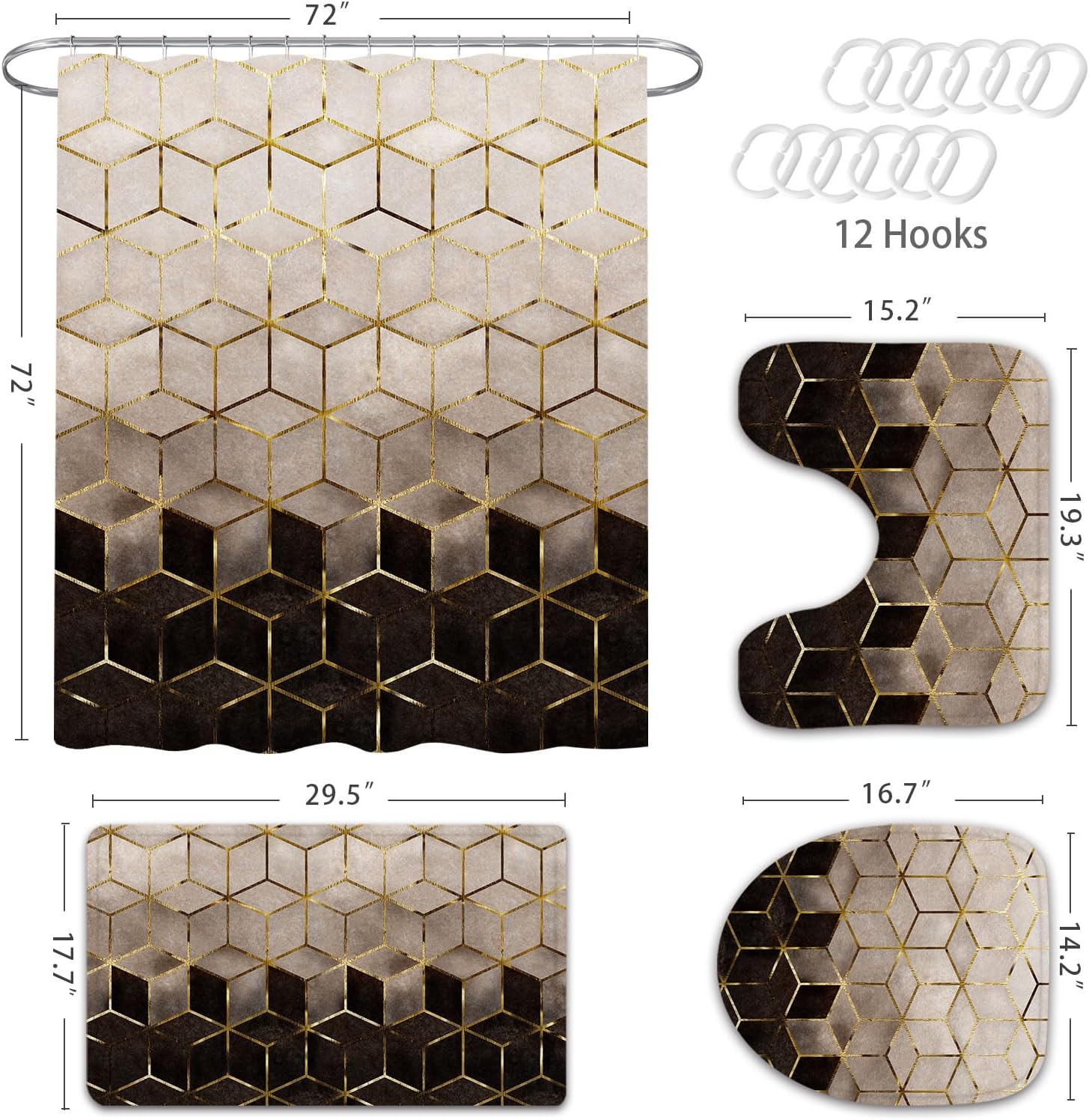 Gibelle Shower Curtain Set, Medium Brown Gradient Gold Cubic Lines, 4 Pcs Bathroom Decor with Curtain, Rugs, Toilet Lid Cover, Bath Mat, Accessories