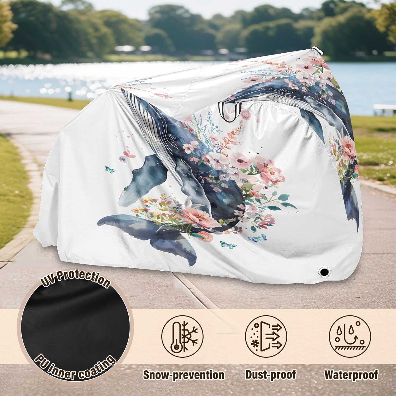 ALAZA Whale Flower Bike Cover Waterproof Outdoor Ebike Bicycle Covers Tarp Protection for 1/2 Bikes, Sun UV Dust Wind Proof