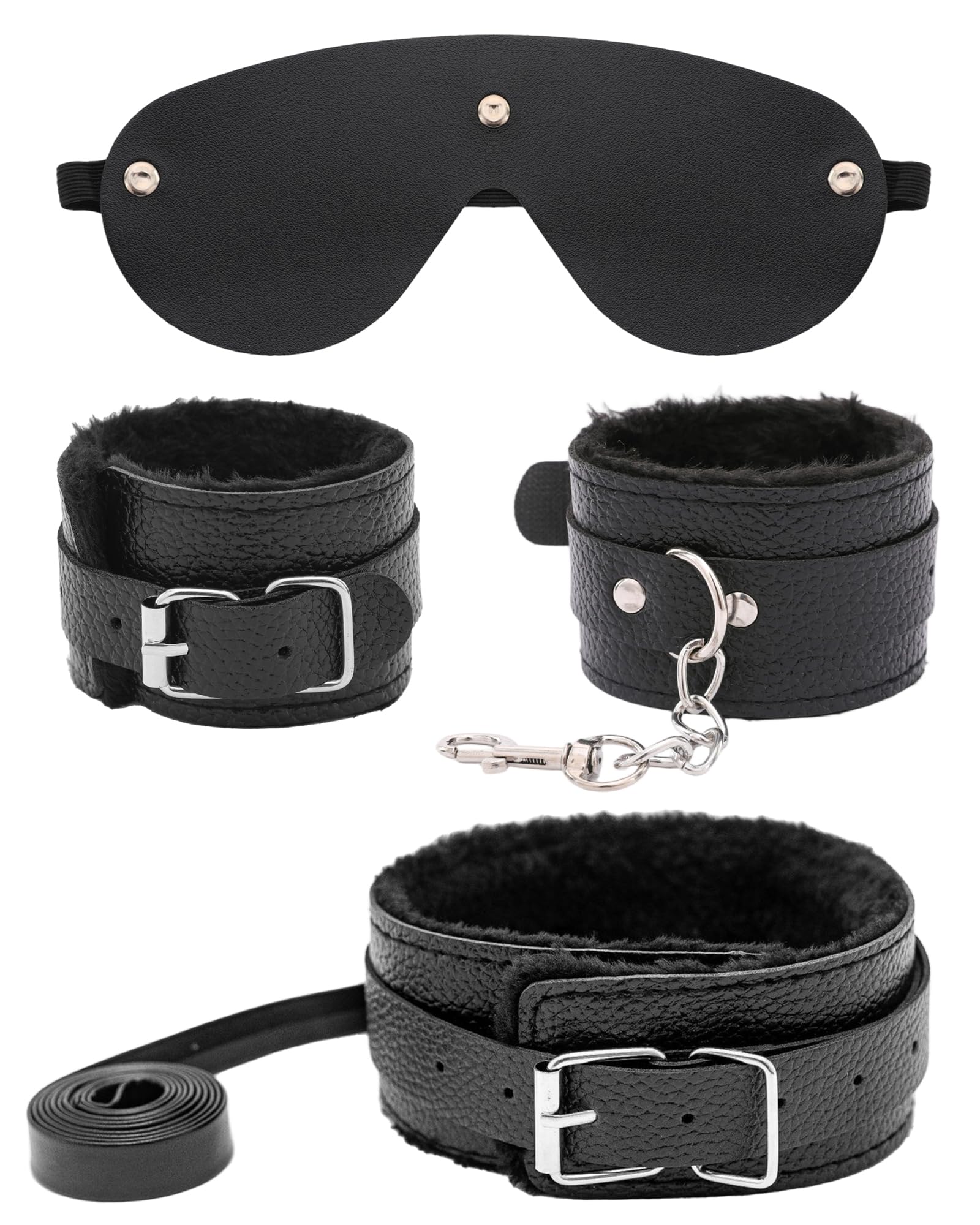 Black Bondage Gear Accessories - 3 Pcs BDSM Bondage Kit Leather Blindfold Adjastable Handcuffs or Ankle Cuffs Choker BDSM Sex Toys for Men Women Couples Foreplay