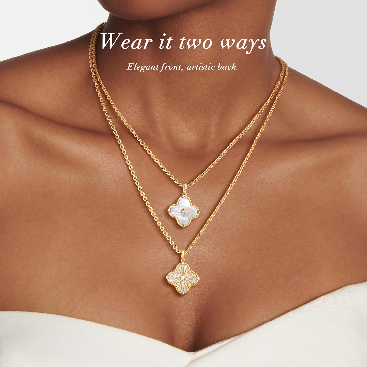 OSIANA Reversible Clover Necklace for Women 14K Gold Plated Natural Stone Four Leaf Pendant Necklaces Lucky Charm Jewelry - Image 3