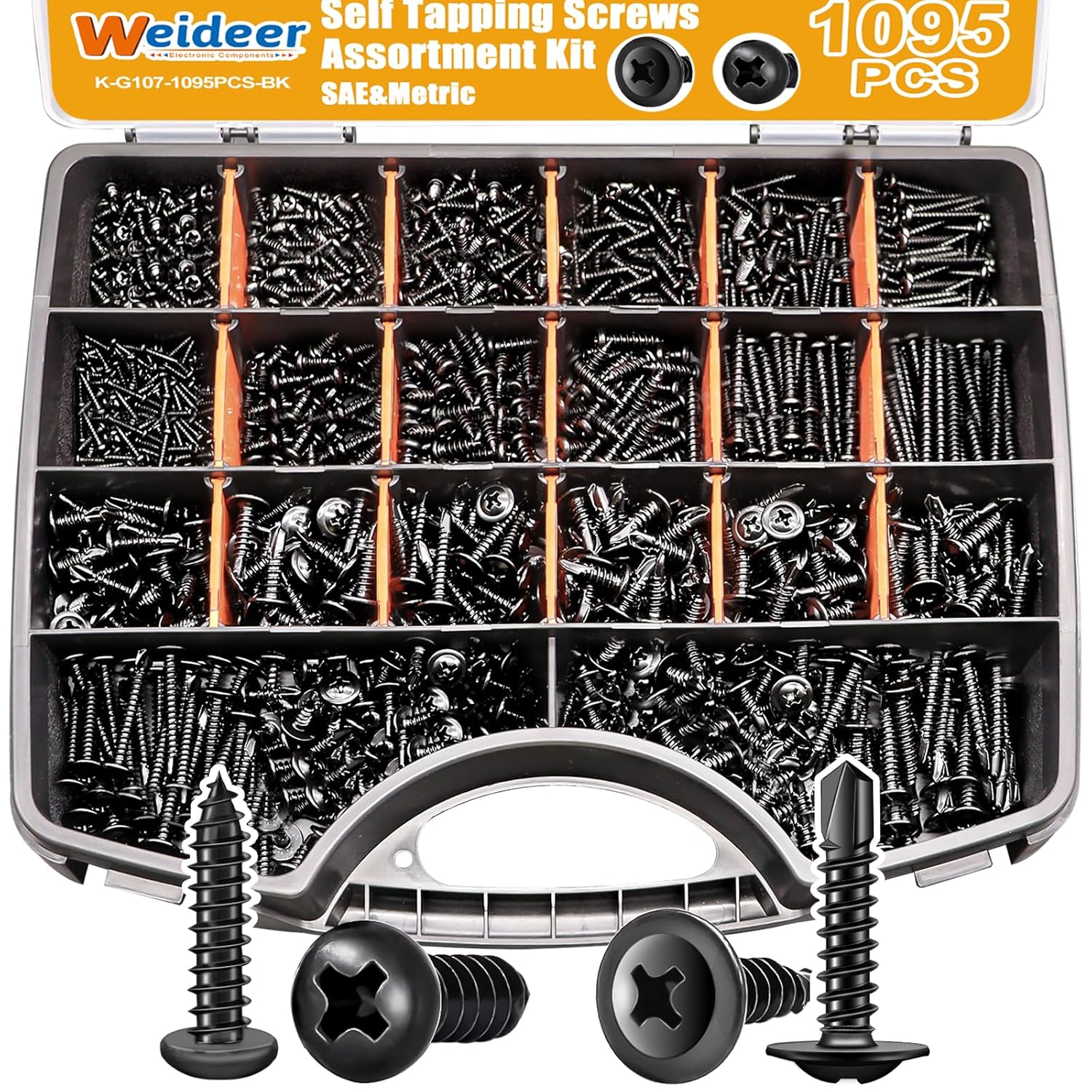 weideer 1095pcs Self Tapping Screws for Metal, #8#10 M2 M3 M4 410 Stainless Steel Screws Assortment Kit Black Oxide Truss Head and Phillips Pan Head Metal Screw