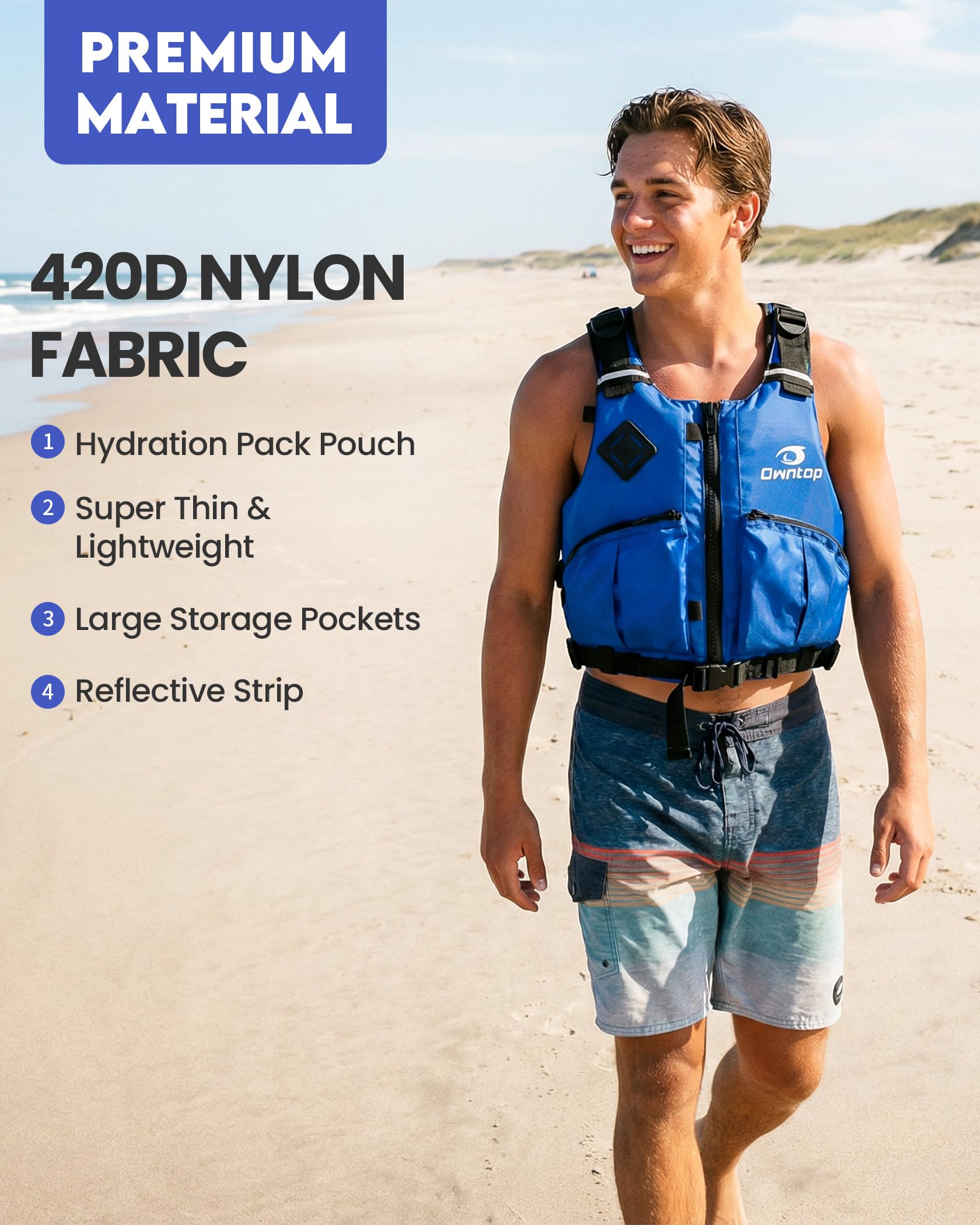 Owntop Schwimmweste Erwachsene mit Trinkrucksack, Zwei Reißverschlusstaschen| Verstellbare Auftriebsweste| Leichte Schwimmjacke Unisex für SUP, Kajakfahren, Angeln Alle Wassersportarten
