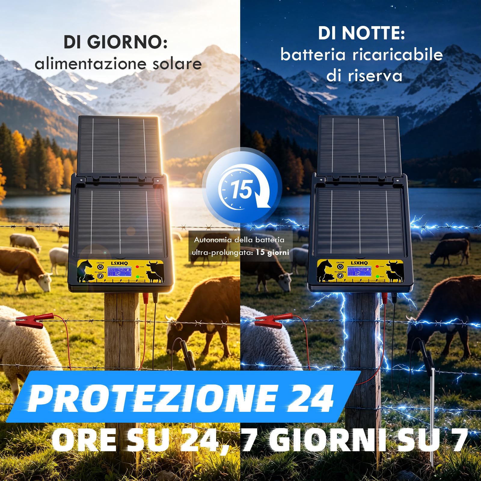 Elettrificatore per Recinti Solare 32 KM, 0.3-2J, 6KV-12KV Regolabile, Portata, Elettrificatore con Pannello Solare 10W, Batteria al Litio 18000mAh, Protezione Sicura per Giardini, Pollame(Nero)
