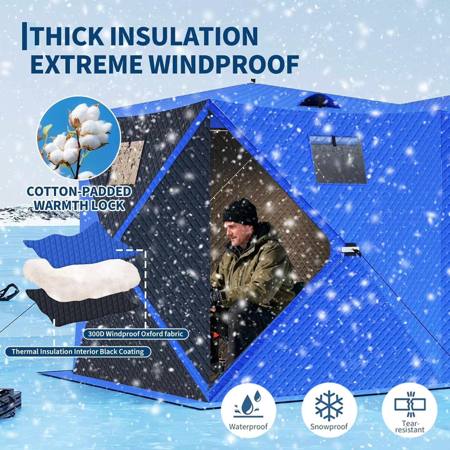 Pop Up Ice Fishing Tent Insulated Ice Fishing Shelter with 49Ft LED Light Strip,3-Layer Insulated Shelter for 3-8 Person, Portable Waterproof Oxford Ice Shanty with 2 Doors/Anchors/Ropes/Carrying Bag