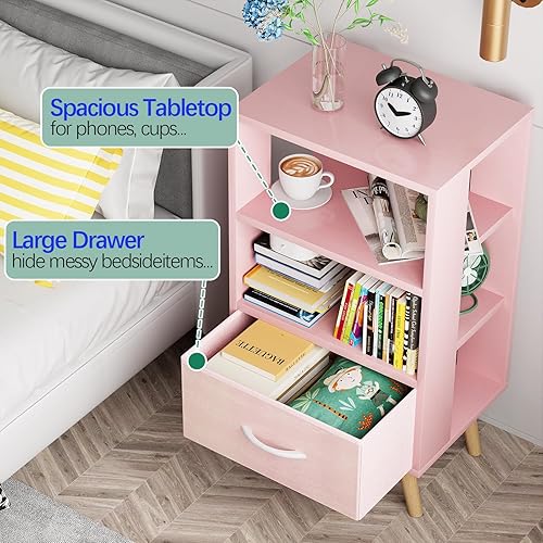 Miniatura 7 de Mesita de noche rosa para niños con cajón, mesa auxiliar de guardería con almacenamiento abierto, mesa auxiliar moderna de 3 niveles, mesita de