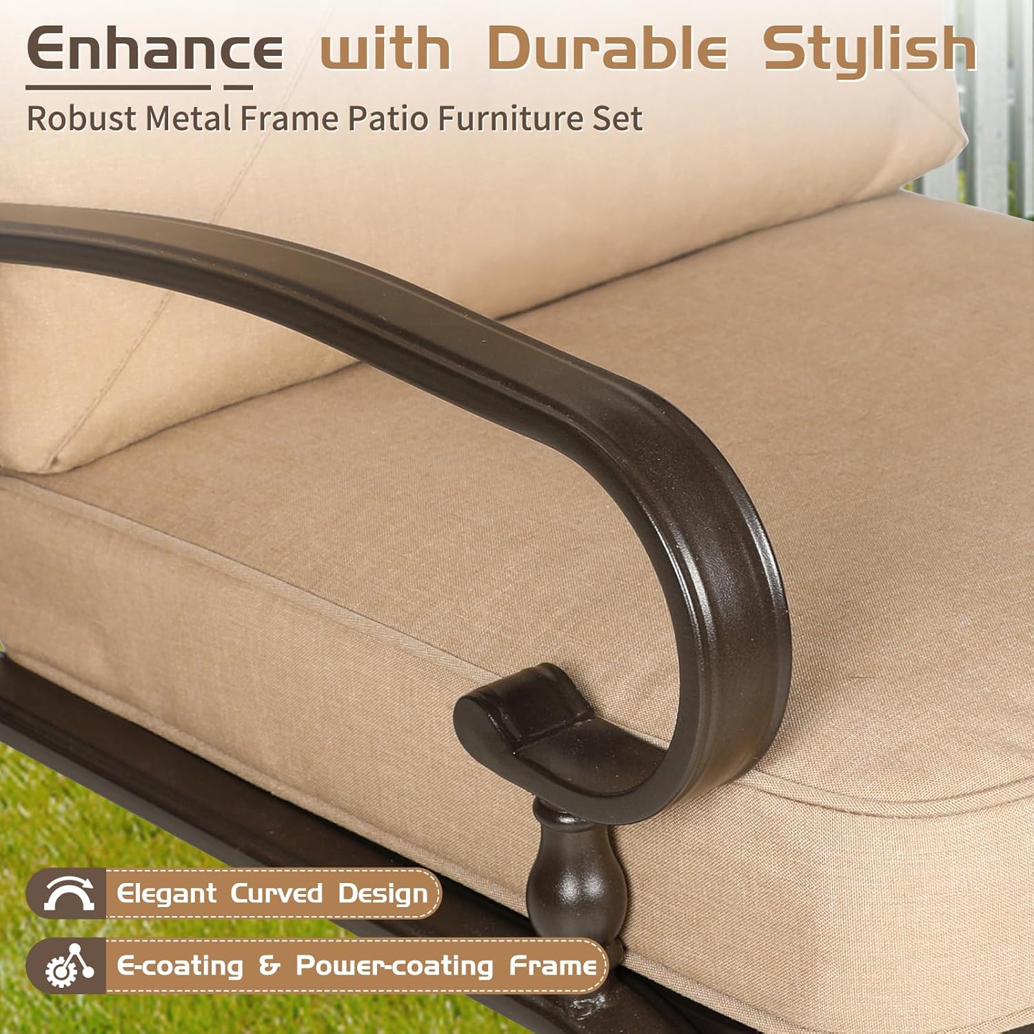 Oakcloud 4Pcs Metal Outdoor Furniture Patio Conversation Set (Loveseat and Coffee Table, 2 Dining Chair) -Wrought Iron Patio Chair Set with Cushions (Brown)