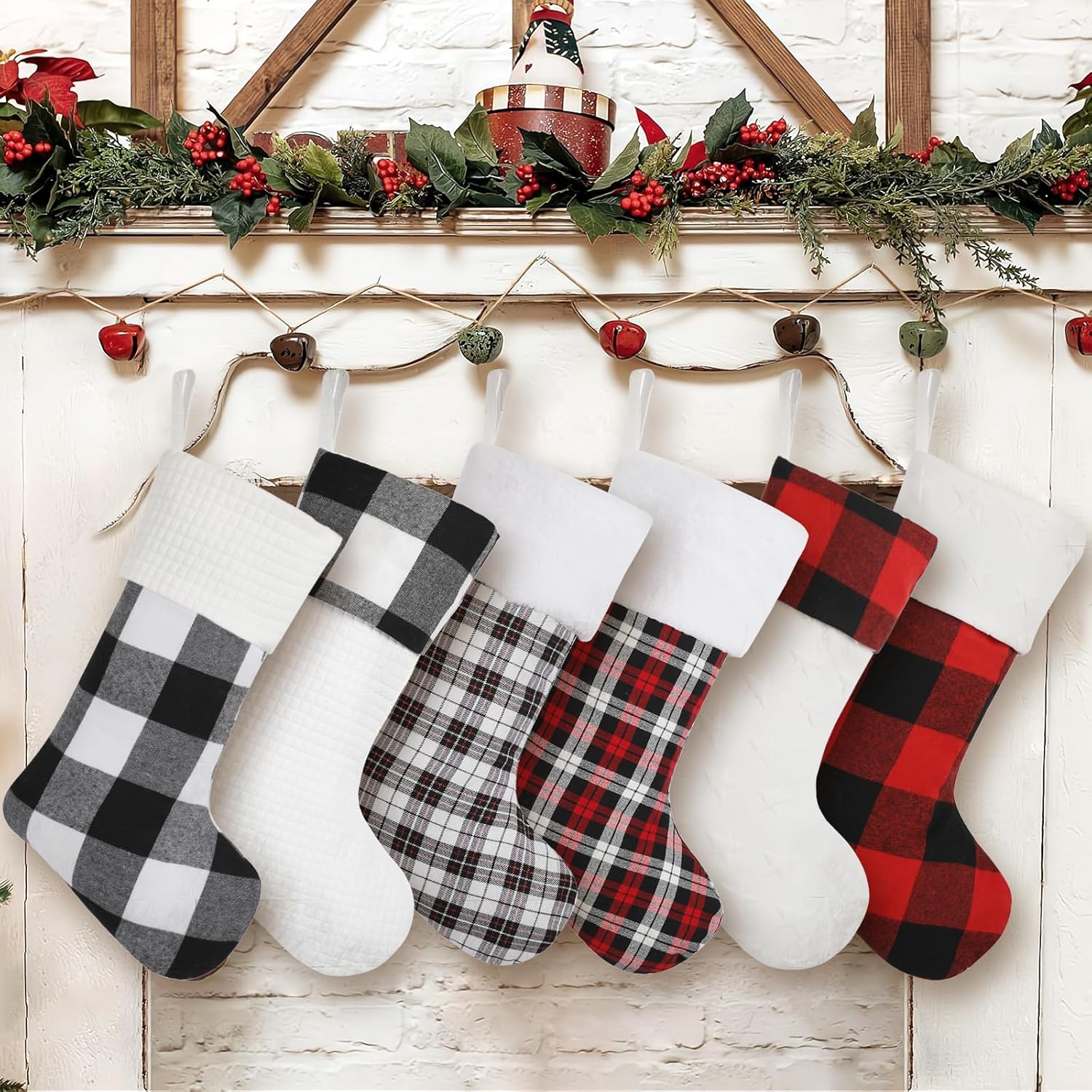 Buffalo Plaid Christmas Stockings Set 6, Large Traditional Red and Black Xmas Stockings, Unique Christmas Stocking for Mantel Fireplace Hanging Decor Holiday Christmas Decorations Indoor 20 inch