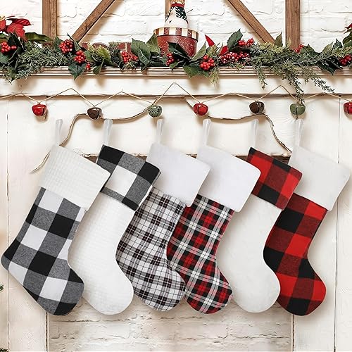 Miniatura 3 de Juego de 6 medias de Navidad a cuadros de búfalo, medias de Navidad grandes tradicionales rojas y negras, medias de Navidad únicas para repisa,