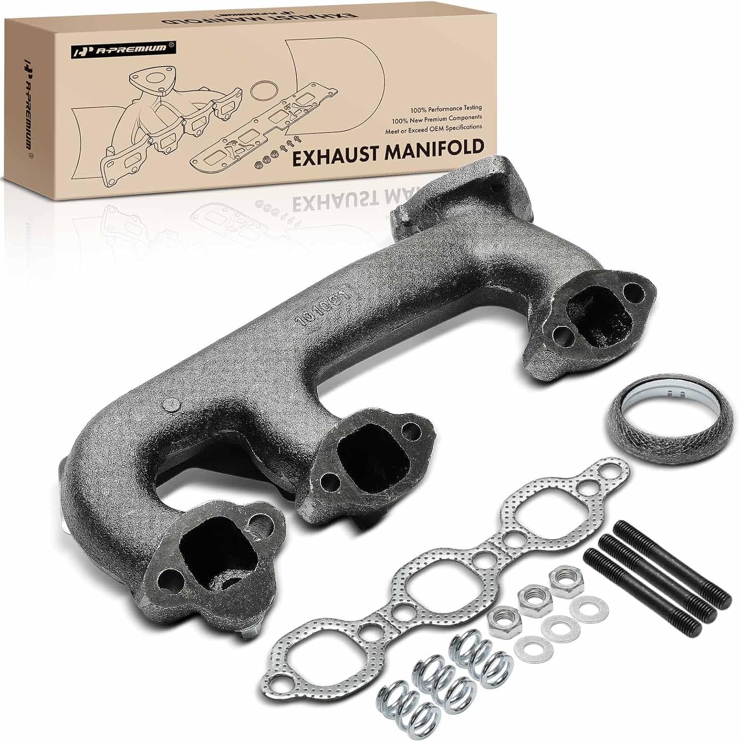 A-Premium Left Engine Exhaust Manifold Kit W/Gaskets, Nuts, Studs, Springs & Heat Shield [4.3L] Compatible with Chevrolet C1500, C2500, K1500, K2500, G10, G20 & GMC C1500, C2500, K1500, G1500, G2500
