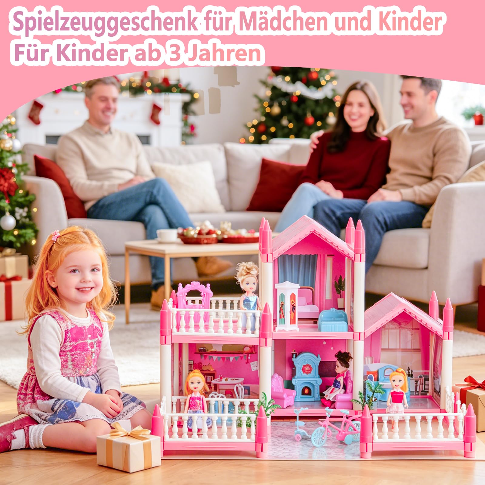 Puppenhaus für Mädchen mit Licht, Spielmatte, Puppen und Möbeln für Kinder von 3–8 Jahren