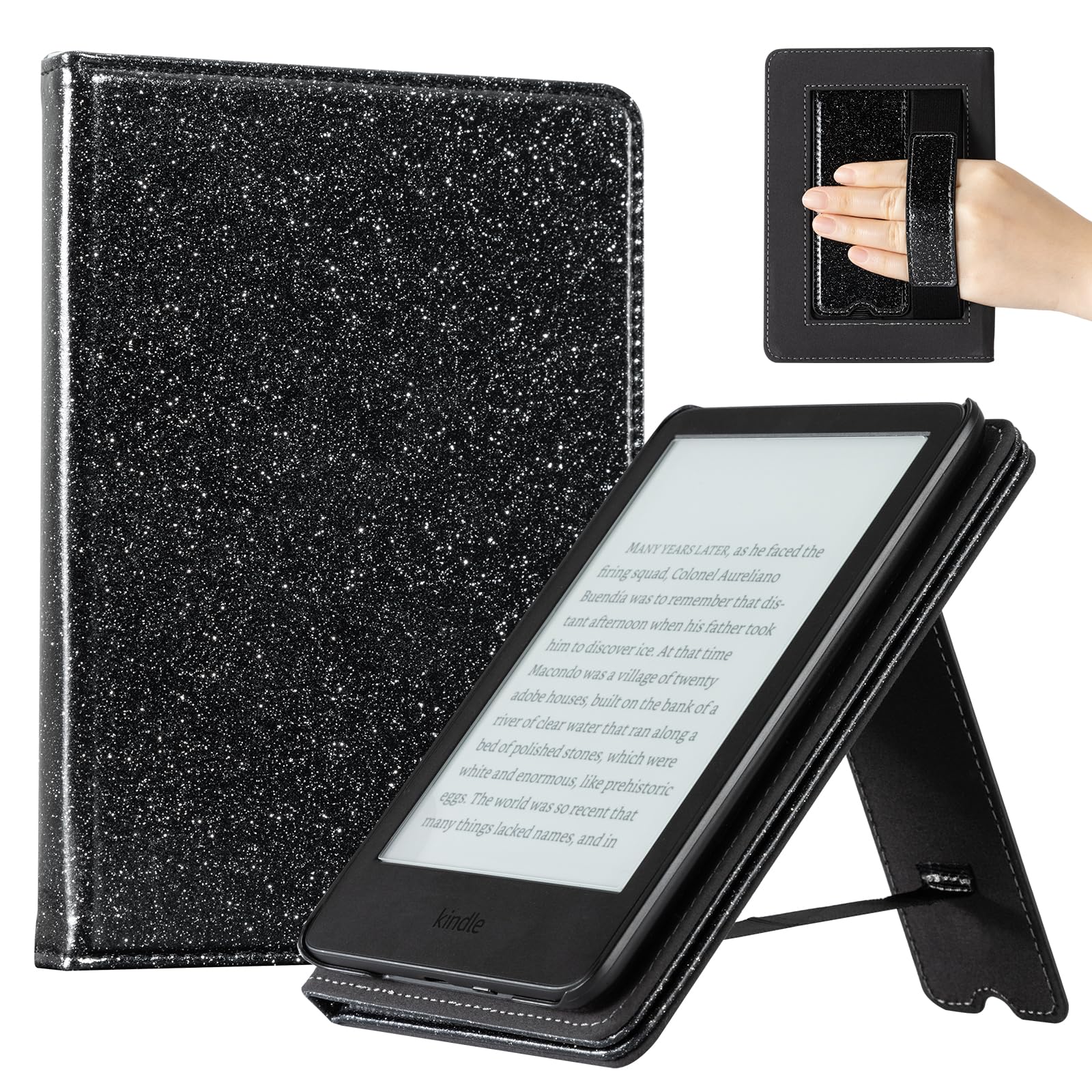 CoBak Case for 6" E-Reader - PU Leather Smart Cover with Auto Sleep/Wake &amp; Hand Strap, not Compatible with Kobo Clara,Black Glitter
