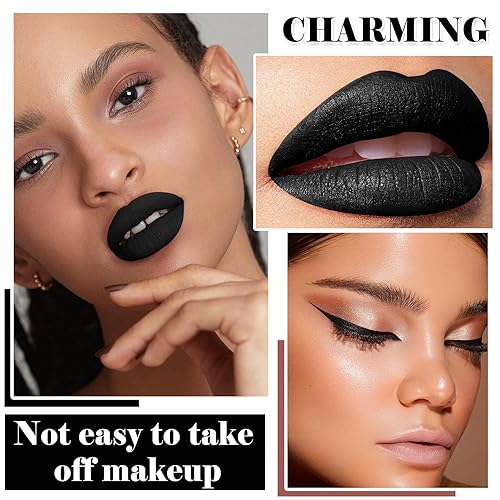 Miniatura 6 de Juego de lápices labiales y delineador de labios negro mate, juego de brillo labial líquido negro, a prueba de manchas, manchas de labios de larga