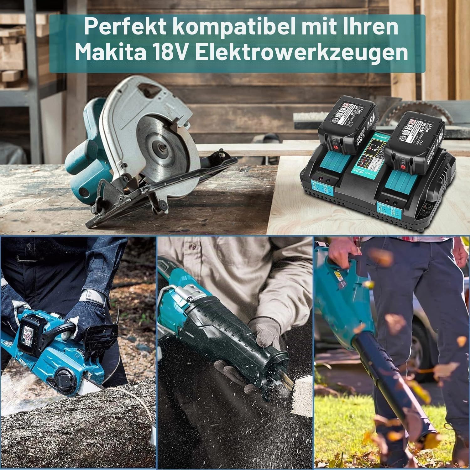 JYJZPB 2 X 18V 5,5Ah Ersatzakku für Makita mit DC18RD Doppelladegerät | Ersatz für Makita 18V Akku Kit Geeignet für BL1850 BL1850B BL1830 BL1860 BL1860B BL1845 BL1835 BL1815 194205-3 LXT-400