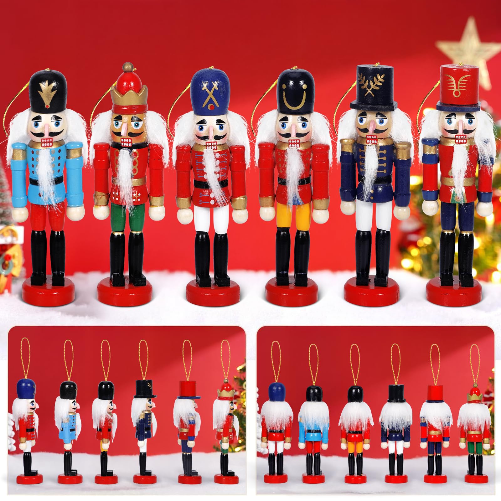 6 Pezzi Schiaccianoci Natale 13cm,Soldatino Schiaccianoci Natale Tradizionale in Legno Fatto Dipinto a Mano,Adatto per Essere Appeso,Per Albero,Decorazione per La Casa E Feste,Natalizi Regalo