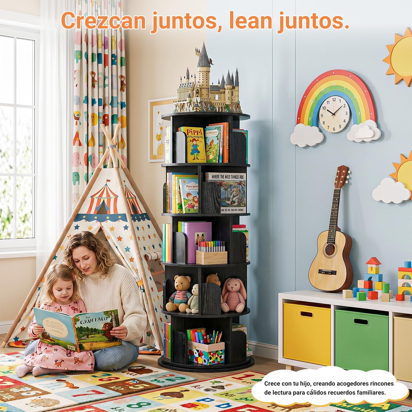 Homieasy Estantería Giratoria 5 Niveles, 360 Grados, Negro | 162x40cm, Torre de Libros con 20 Compartimentos, Ahorro Espacio, Salón, Oficina y Estudio, MDF