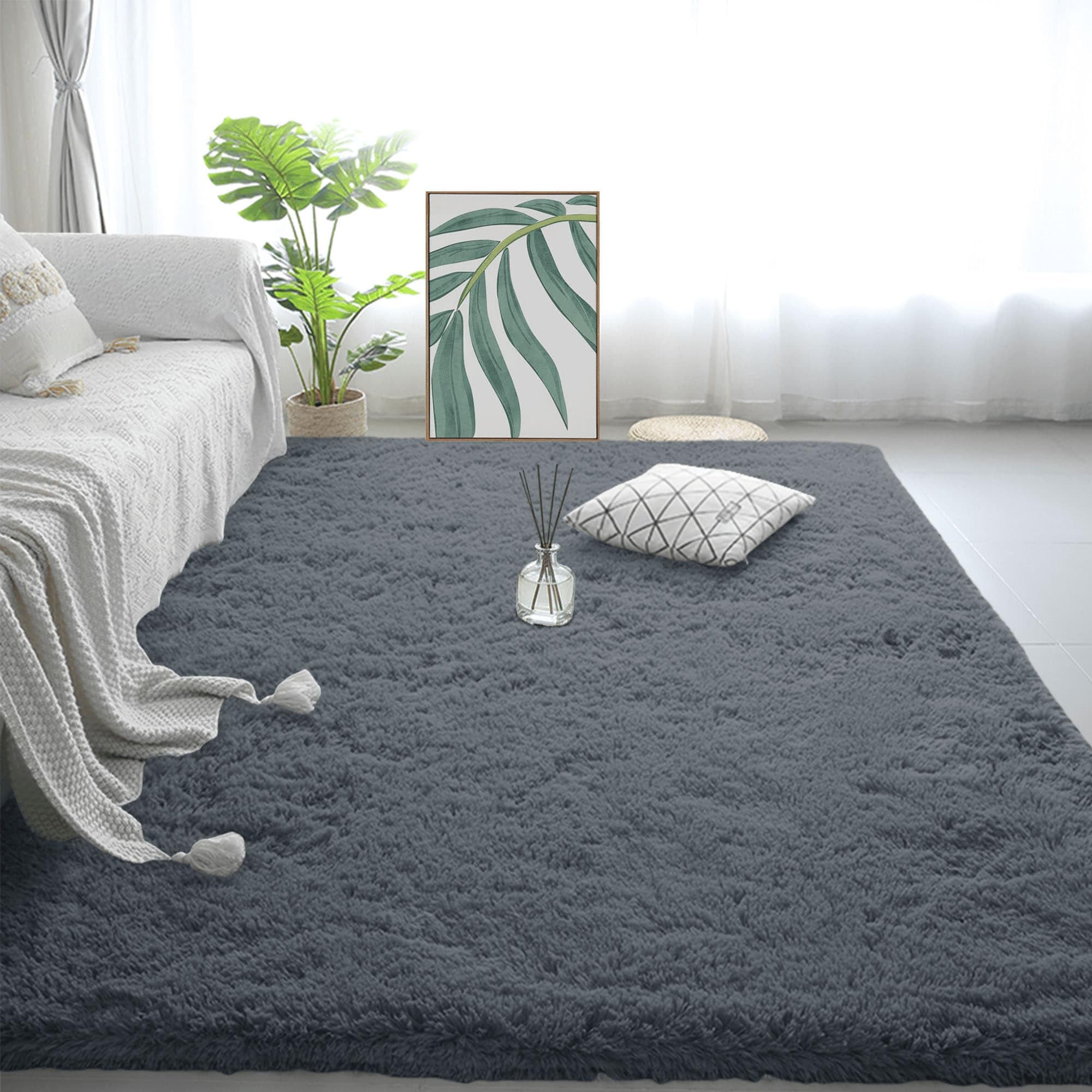 Tapis chambre shaggy moderne avec dessous antidérapant grand format gris