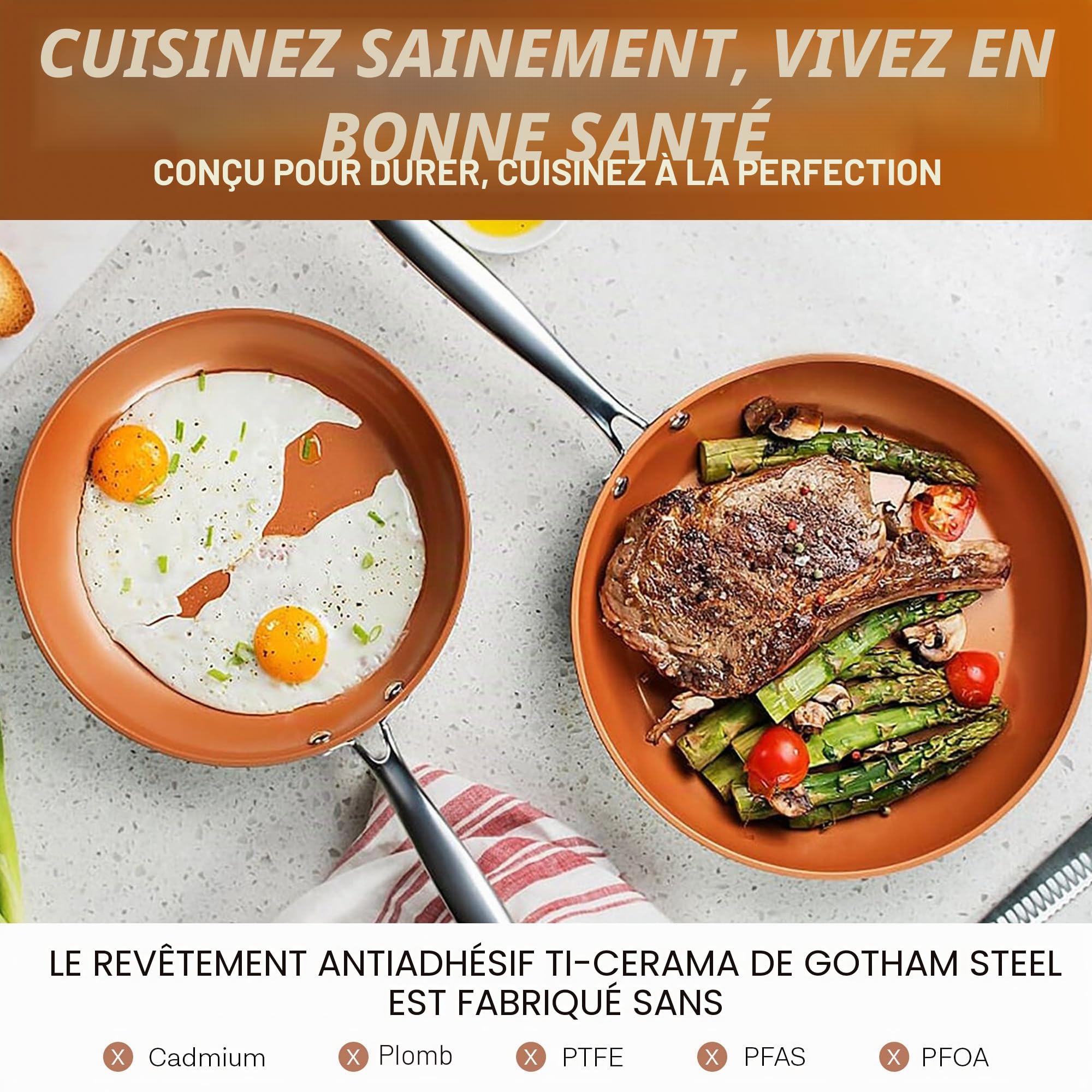 Ensemble de 20 casseroles et poêles Gotham Steel, Batterie de Cuisine complète et ustensiles de Cuisson | Revêtement céramique antiadhésif en cuivre : poêles à Frire